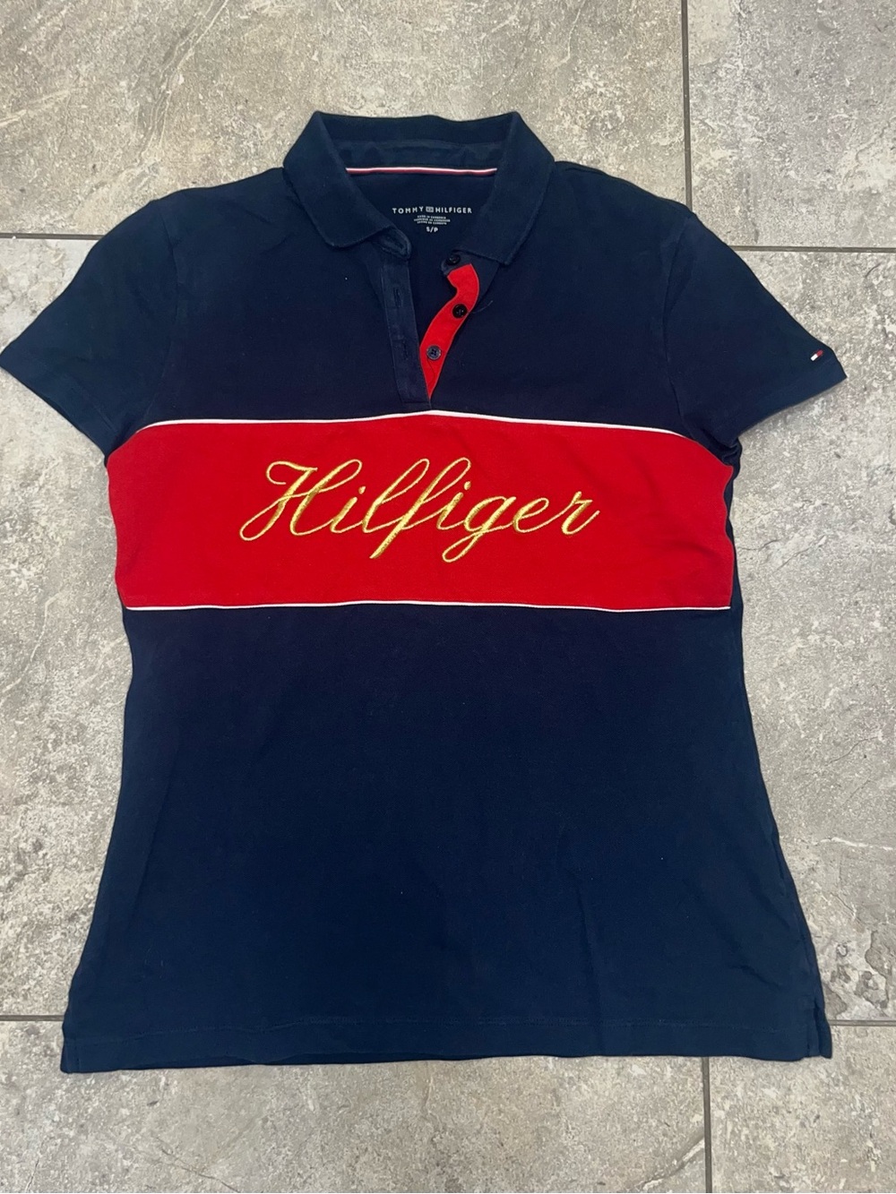 Tommy Hilfiger Navy Polo with Red Chest Band and Gold Script